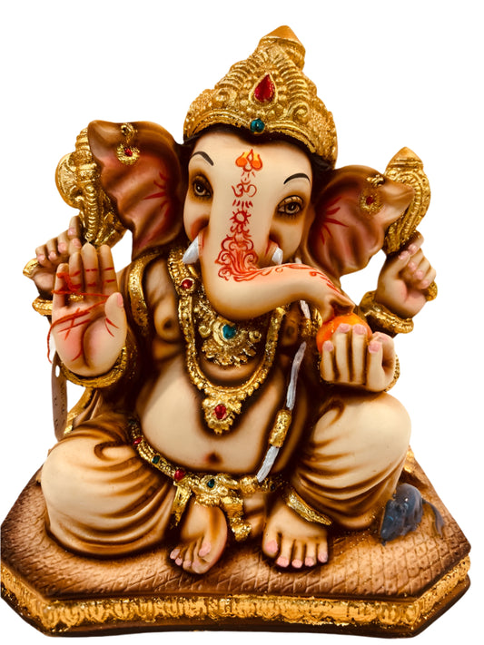 Beautiful Ganesh in Fiber W/Wooden Finish & Colorful Statue - 9" # 3