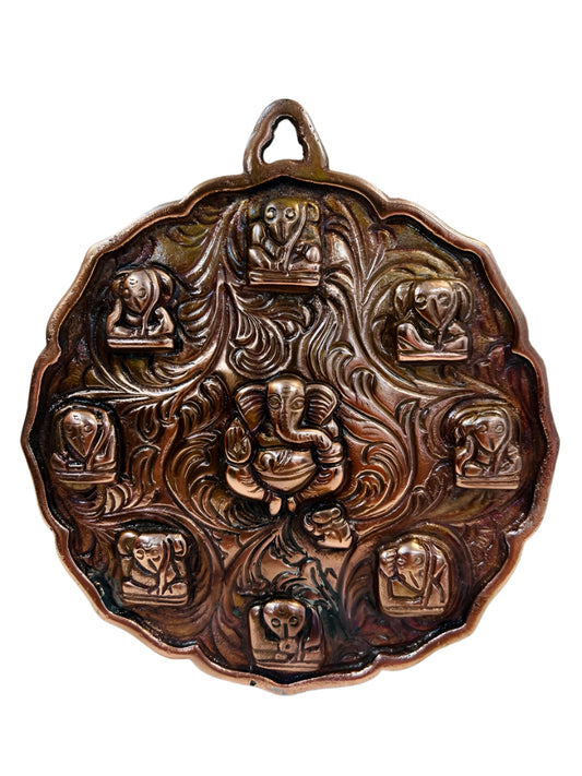 Black Metal Antique Wall Hanging Decor of Asht Ganeshji - 7.75" Height