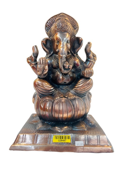 Artistic Carved Black Metal Ganesha Statue Sitting on Kamal - 14.5"