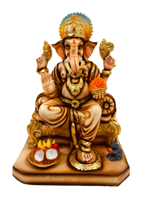 Beautiful Ganesh in Fiber W/Wooden Finish & Colorful Statue - 10" # 5