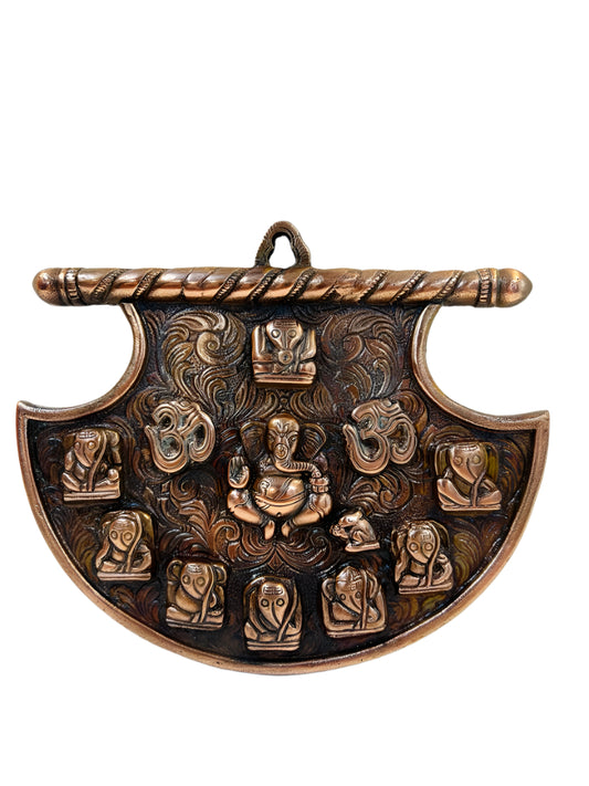 Black Metal Antique Wall Hanging Decor of Asht Ganeshji - 8.25" Height