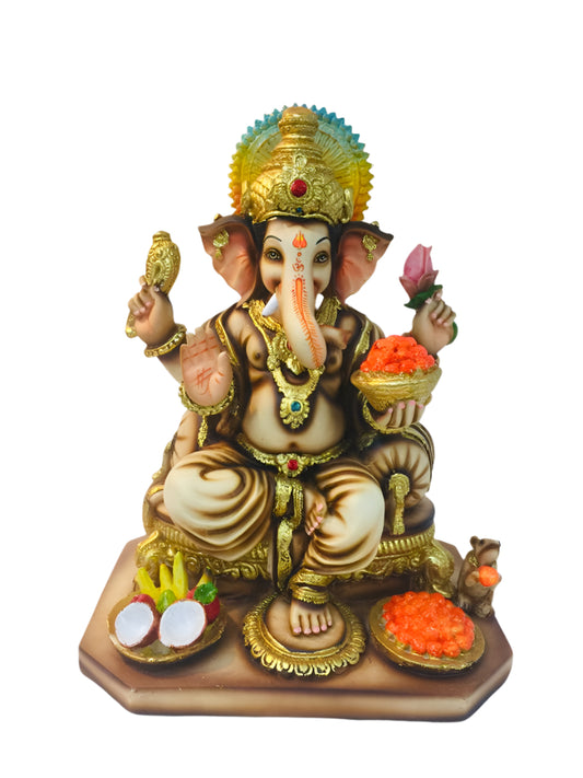 Beautiful Ganesh in Fiber W/Wooden Finish & Colorful Statue - 13" # 6