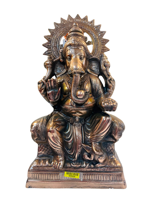 Artistic Carved Black Metal Ganesha Statue With Base - 22"