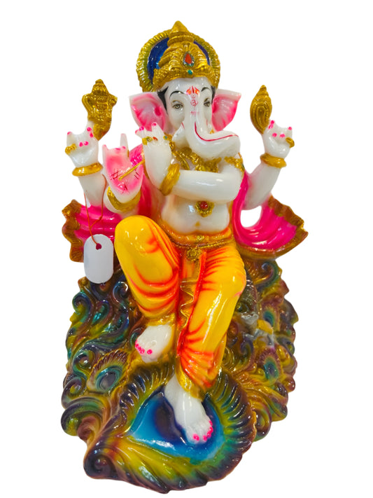 Beautiful & Colorful Fiber Ganesh Statue W/Peacock Feather Design - 11" # 2