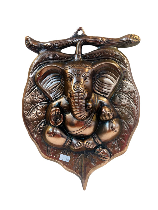 Black Metal Antique Wall Hanging Decor of Ganeshji On Betal Leaf - 10"