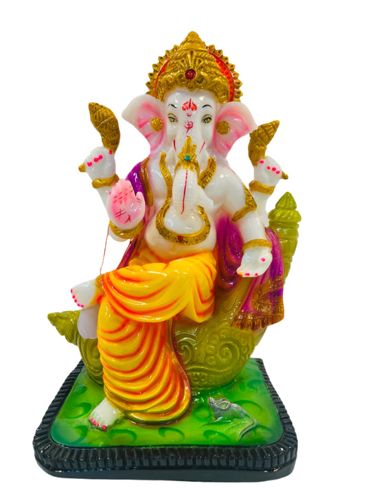 Beautiful & Colorful Fiber Ganesh Statue on Conch - 11.25" # 5