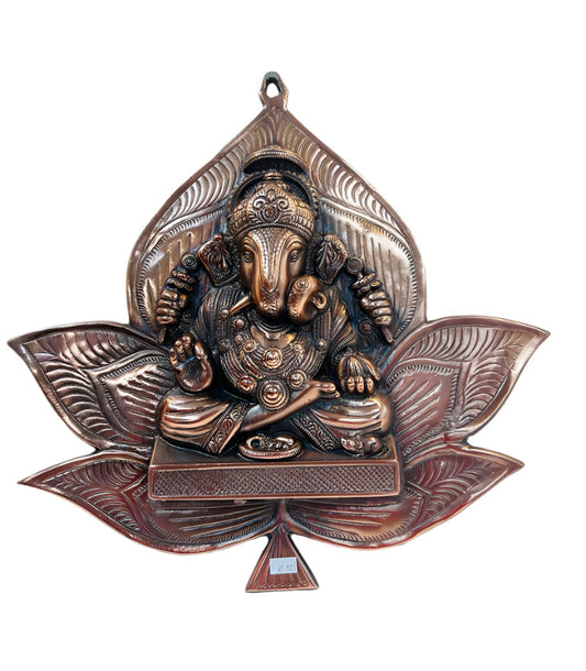 Black Metal Antique Wall Hanging Decor of Ganeshji On Leaf - 15.5"