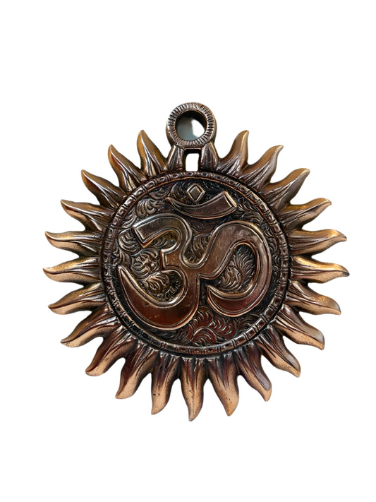Black Metal Antique Wall Hanging Decor of Sun W/ Om Symbol - 9.75"