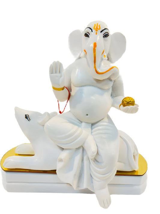 White Fiber in Marble Finishing Ganesh Statue W/Mouse - 6.5"