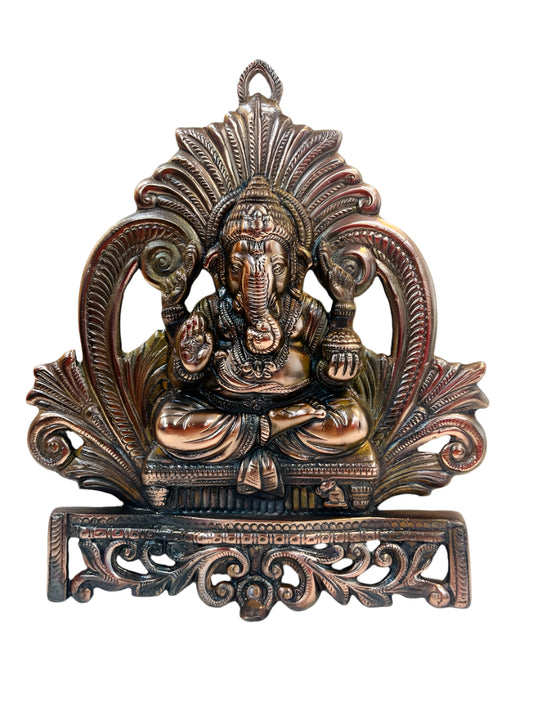 Black Metal Antique Wall Hanging Decor of Ganeshji on Sinhasan - 12"