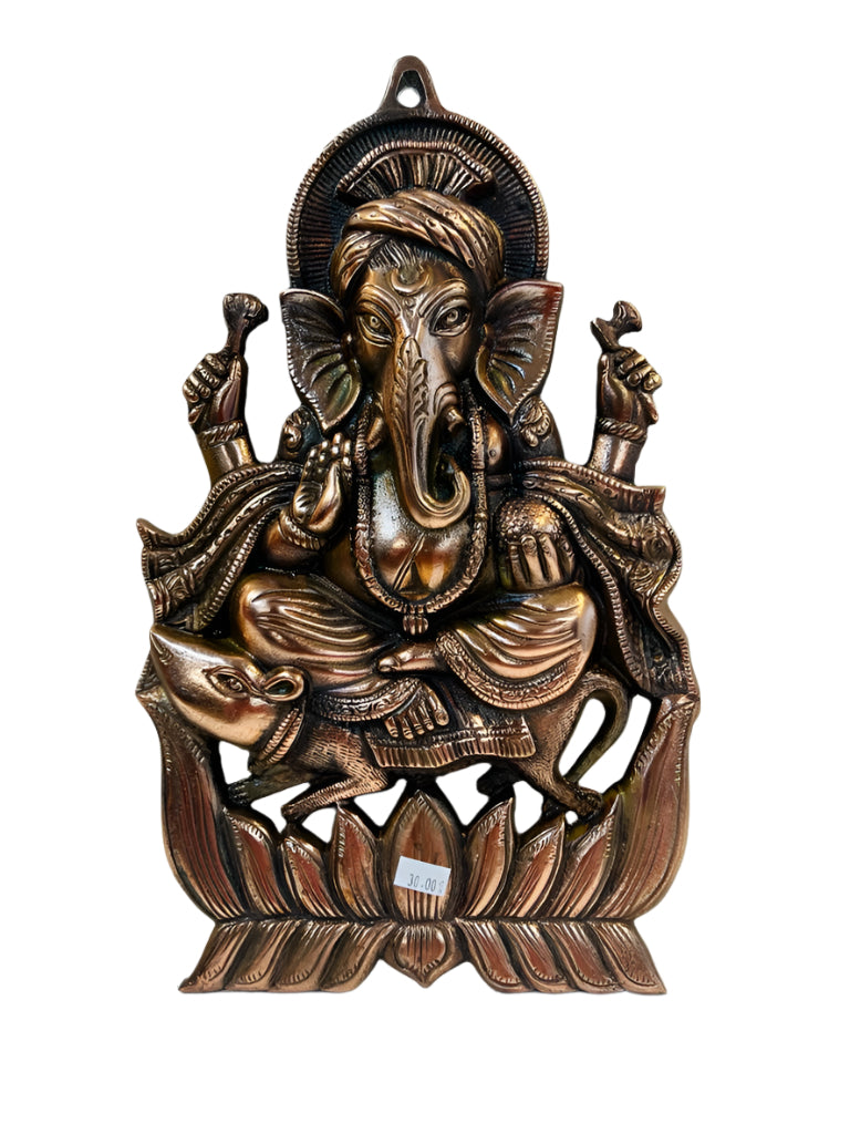 Black Metal Antique Wall Hanging Decor of Ganeshji on Kamal - 12.25"