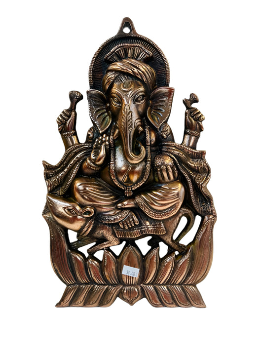 Black Metal Antique Wall Hanging Decor of Ganeshji on Kamal - 12.25"