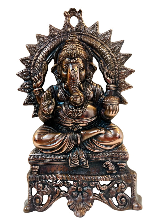 Black Metal Antique Wall Hanging Decor of Ganeshji on Bajot - 17"