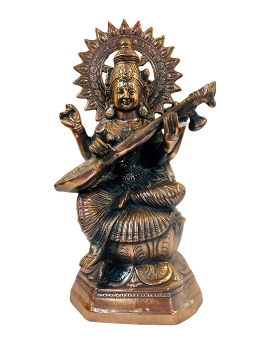 Artistic Black Metal Large Statue of Goddess Saraswati Maa 22"
