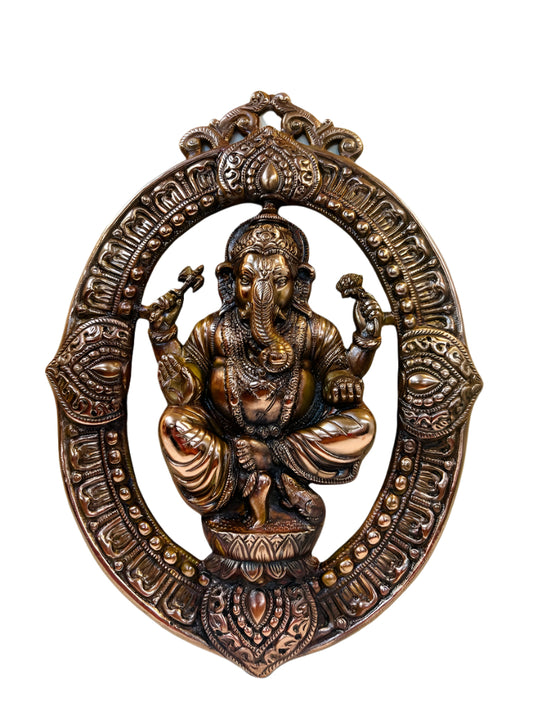 Black Metal Antique Wall Hanging Decor of Ganeshji in Oval - 17.5"