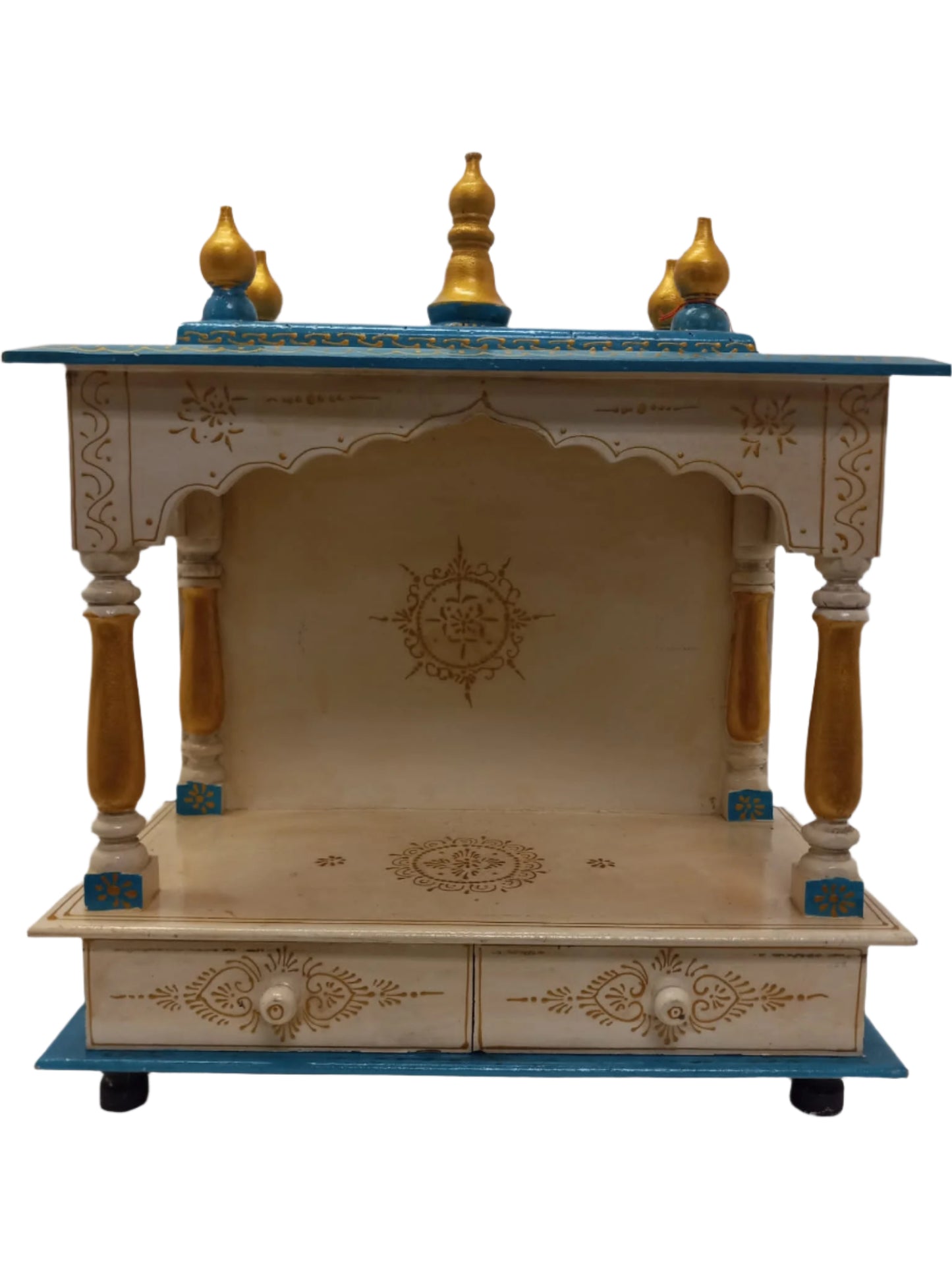 Handcrafted Blue & Gold Jaipuri Design Small Wooden Temple 18" Wide