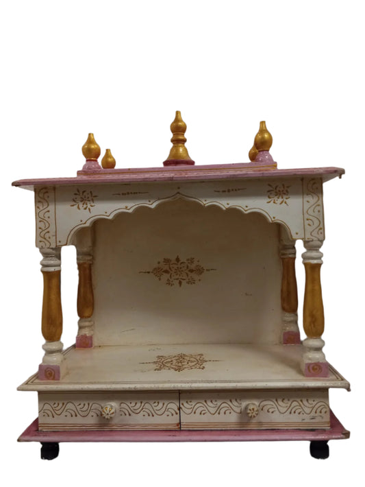 Handcrafted Maroon & Gold Jaipuri Design Small Wooden Temple 18" Wide
