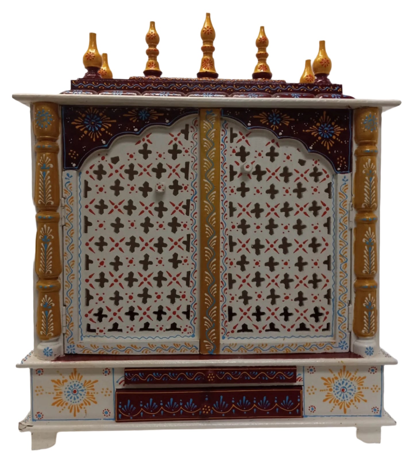 Handcrafted Maroon & Gold Wooden Temple W/Door 24" Wide