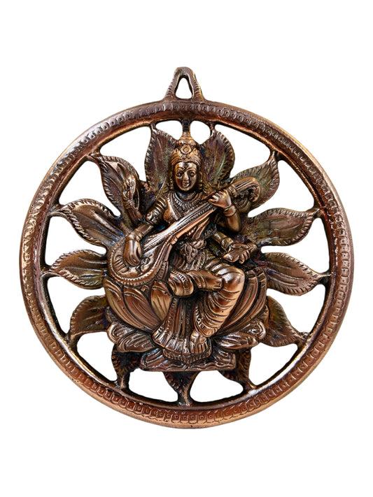 Black Metal Antique Wall Hanging Decor of Goddess Saraswati Mata - 9"