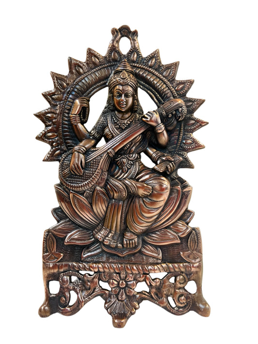 Black Metal Antique Wall Hanging Decor of Goddess Saraswati Mata - 17"