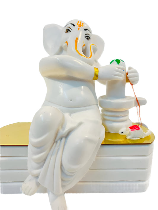 White Fiber in Marble Finishing Ganesh Statue W/Shivling & Mouse - 6.75"