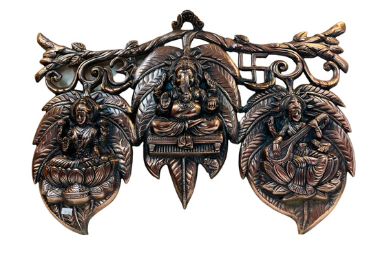 Black Metal Antique Wall Hanging Decor of Lakshmi, Ganeshji n Saraswatiji - 17"