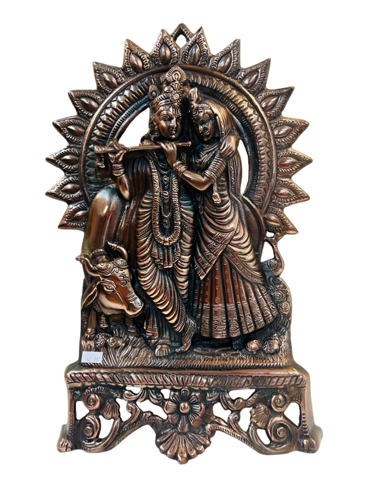 Black Metal Antique Wall Hanging Decor of Radha Krishna W/Cow - 16"