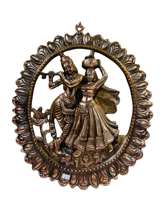 Black Metal Antique Wall Hanging Decor of Radha Krishna - 17"