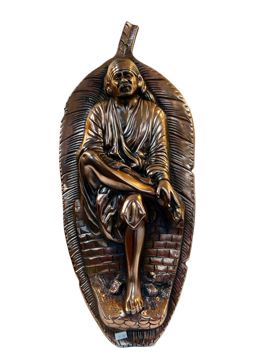 Black Metal Antique Wall Hanging Decor of Sai Baba on Leaf - 23.5"