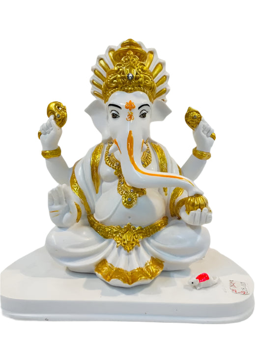 White Fiber in Marble Finishing W/Golden Color Ganesh Statue W/Mouse - 11.5"