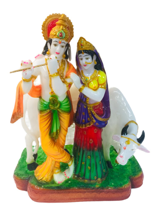 Beautiful & Colorful Fiber Statue of Radha Krishna W/ Cow - 18.25"