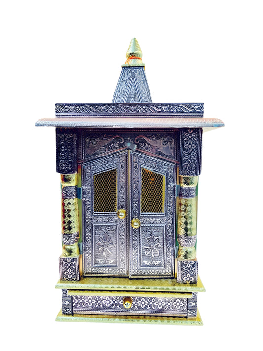 Traditional Aluminium Oxidised & Golden Plated Temple W/ Door - 20"