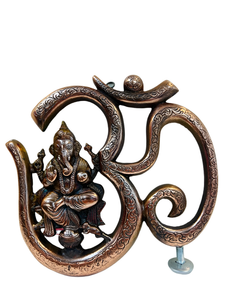 Black Metal Antique Wall Hanging Decor of Ganeshji W/ Om Symbol - 9.75"