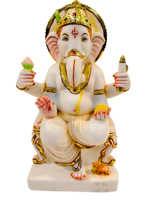 White Fiber in Marble Finishing W/Golden Color Ganesh Statue W/Mouse - 9"