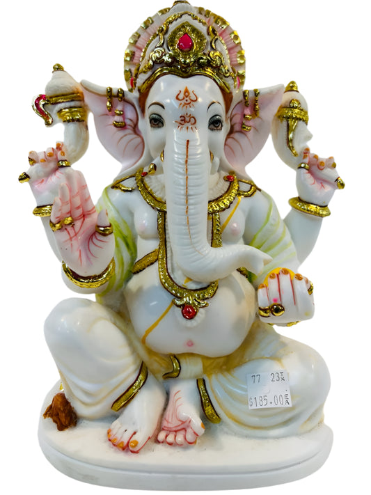White Fiber in Marble Finishing W/Golden Color Ganesh Statue - 10"