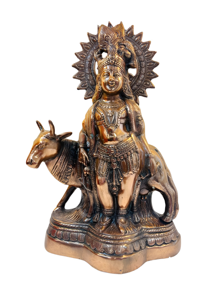 Artistic Black Metal Statue of Lord Krishna With Cow 24"