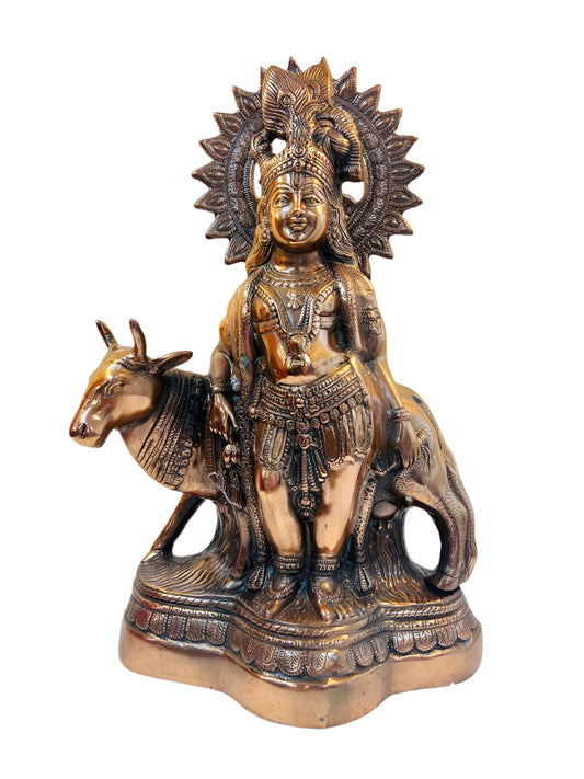 Artistic Black Metal Statue of Lord Krishna With Cow 24"