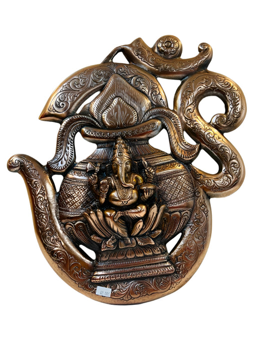 Black Metal Antique Wall Hanging Decor of Ganeshji With Om n Kalash - 15.5"