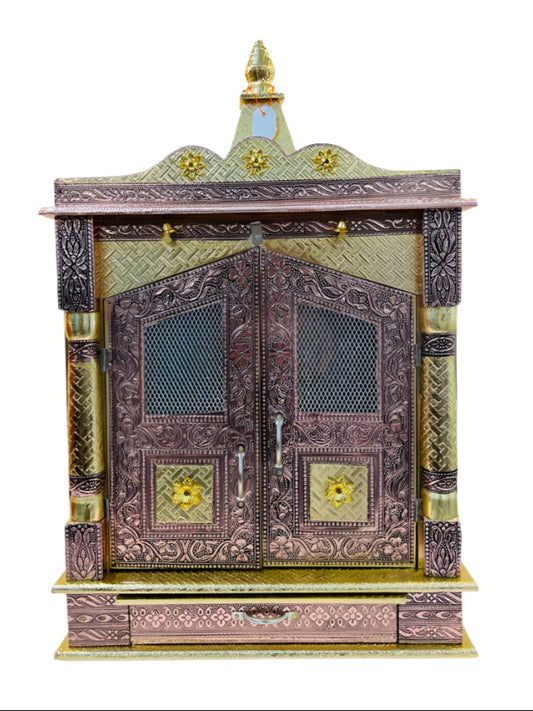 Traditional Aluminium Oxidised & Golden Plated Temple W/ Door & Bells - 23"