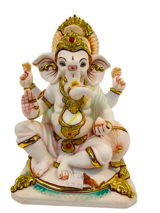 White Fiber in Marble Finishing W/Golden Color Ganesh Statue W/Mouse - 10"