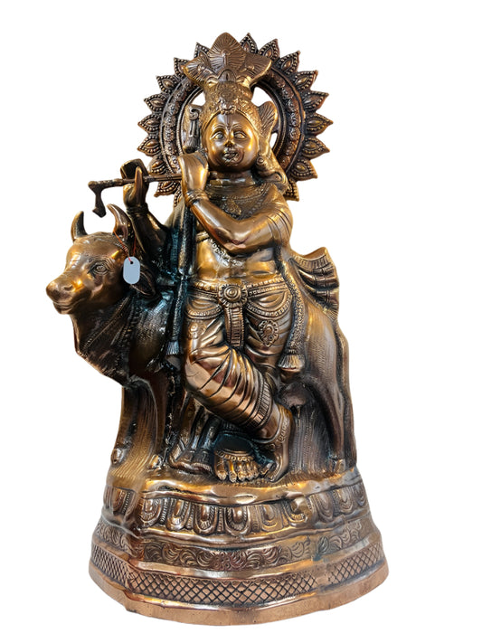 Artistic Black Metal Large Statue of Lord Krishna With Cow 34"
