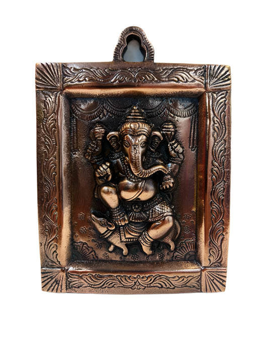 Black Metal Antique Wall Hanging Decor of Ganeshji in Frame - 7.25" # 1
