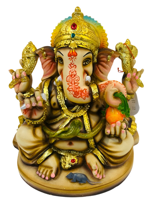 Beautiful Ganesh in Fiber W/Wooden Finish & Colorful Statue - 7" # 1