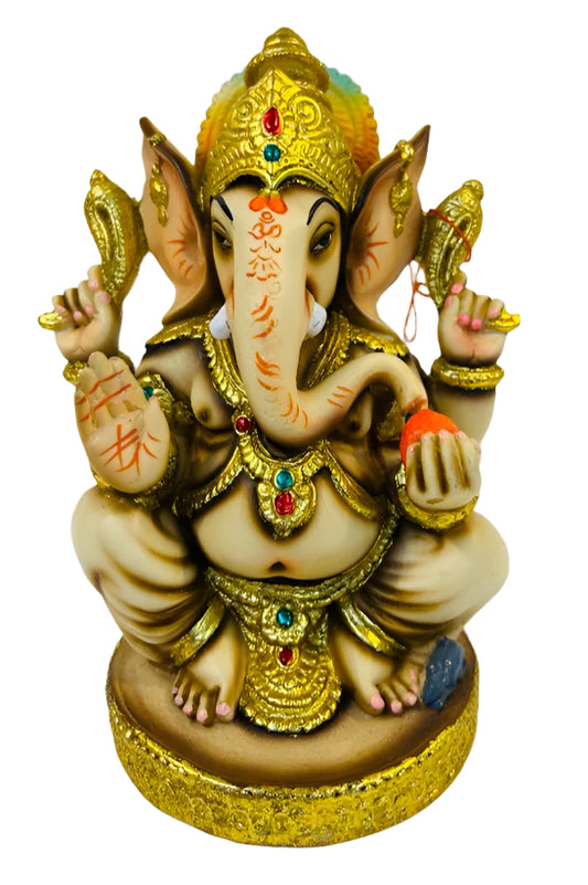 Beautiful Ganesh in Fiber W/Wooden Finish & Colorful Statue - 8" # 2