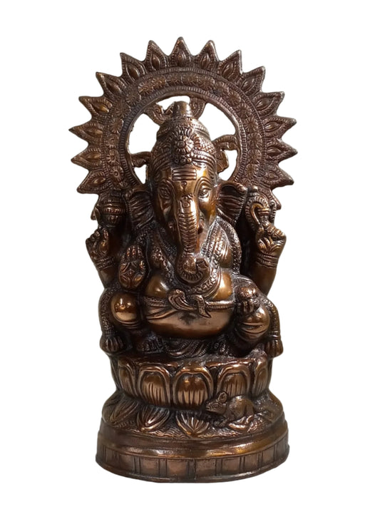 Artistic Carved Black Metal Ganesha Statue Sitting on Kamal - 16"