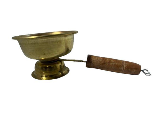 Brass Traditional Dhunni Diya / Dhoop Dani With Wooden Handle - 2.20" Height