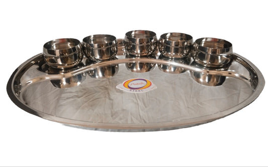 STATINLESS STEEL  OVAL THALI (   WITH WATTI  / KATORI  - 6  )