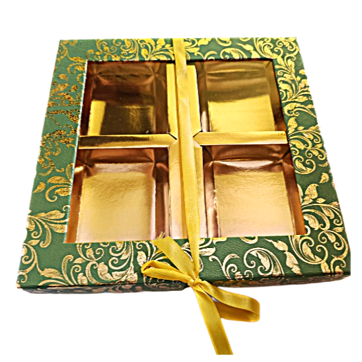 Empty Dry Fruit Boxes in Square Shape - 4 Compartment (Green)