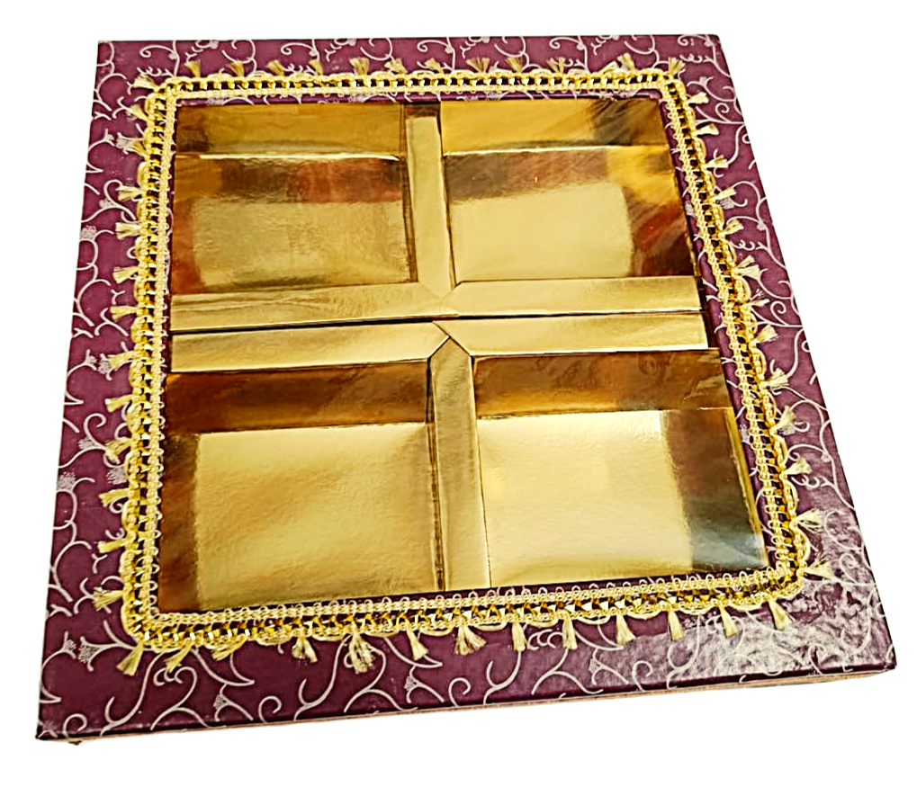 Empty DryFruit Boxes in Square Shape - 4 Compartment (maroon)