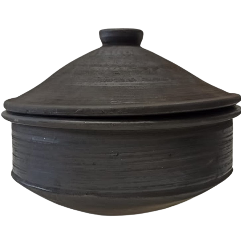 Natural Black Earthen Clay Cooking Handi /Pot W/Lid - 9"